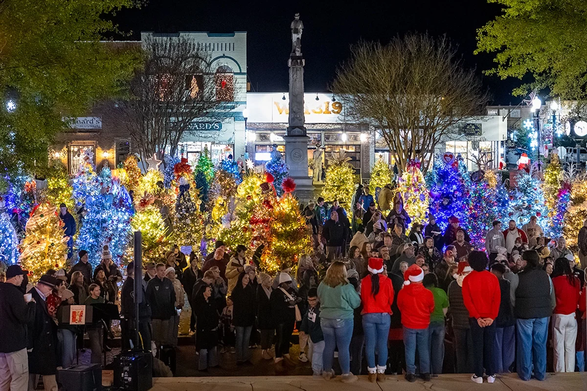 Carolers perform among Christmas trees at the Festival of Lights.