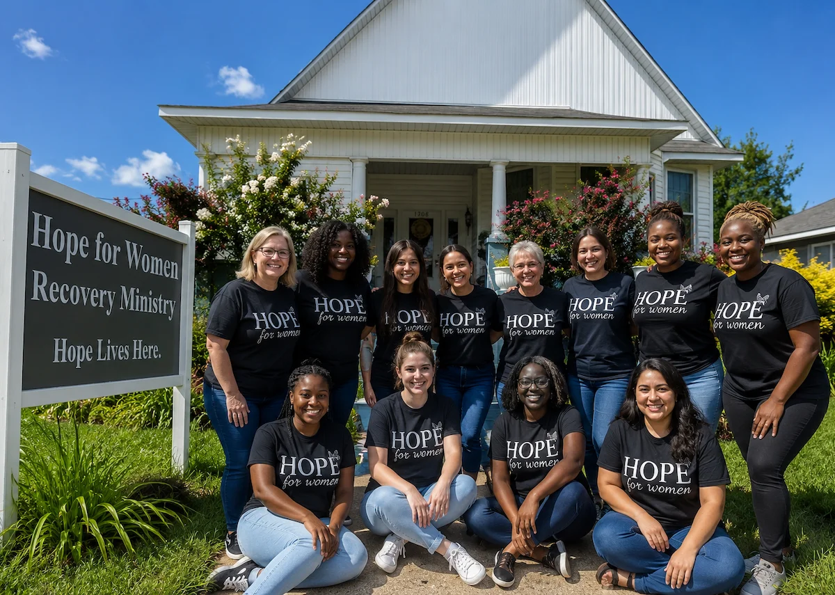 Women wearing Hope for Women shirts gather outside the Hope for Women building.